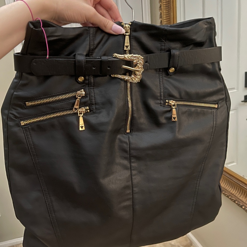Guess Size 6 Faux Leather Black Skirt with Gold Zipper Details